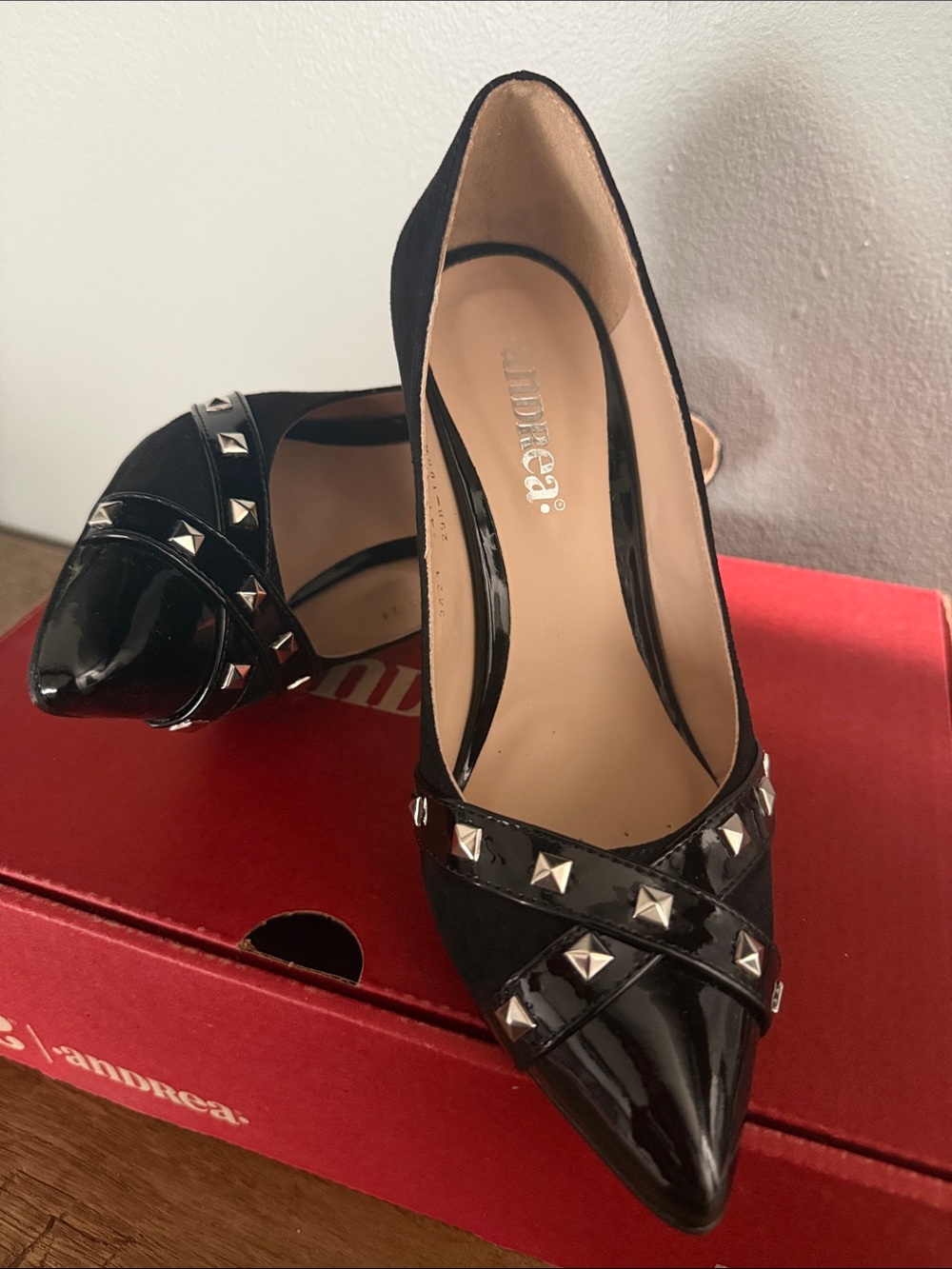 ANDREA Black Patent & Fabric Studded Pointed Pumps